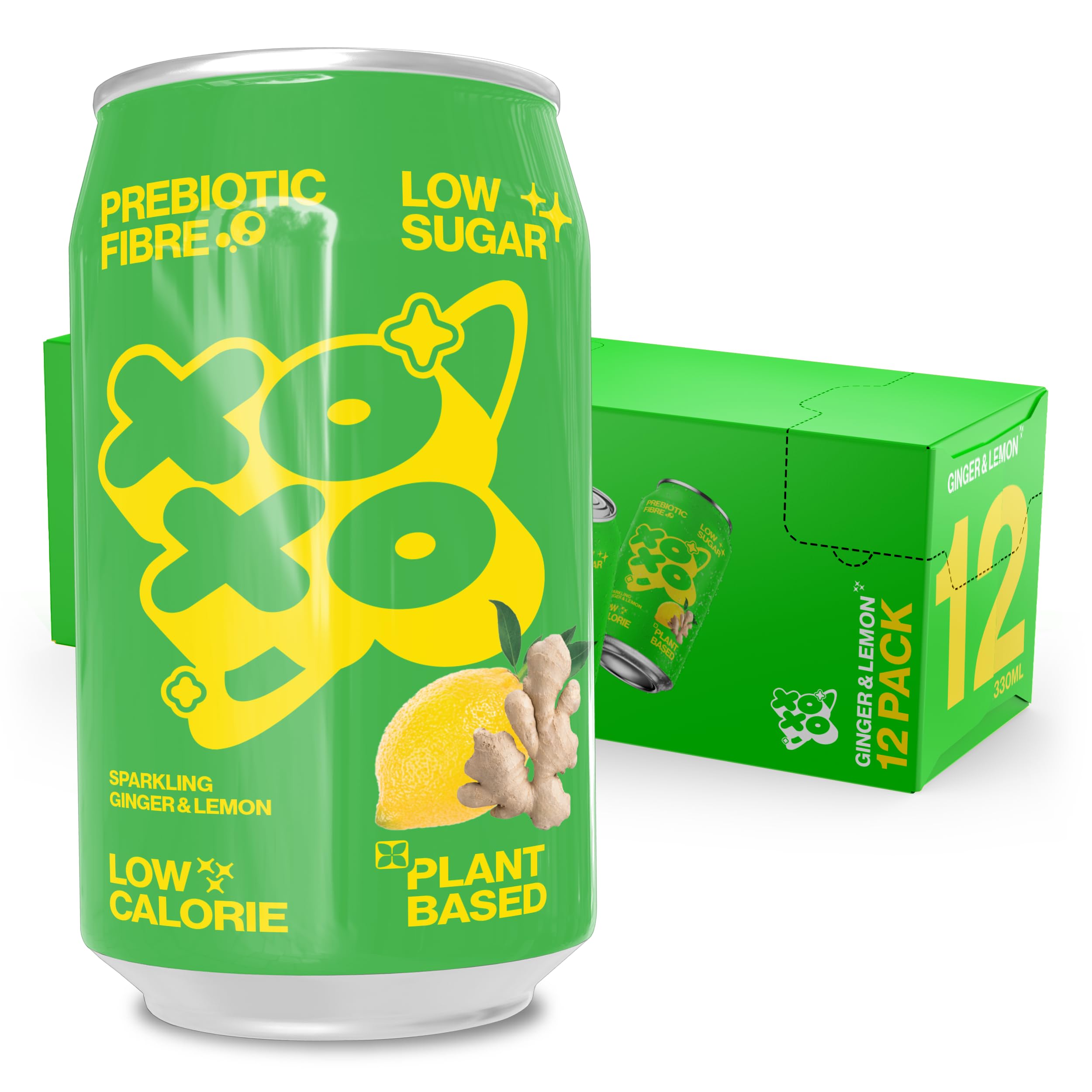 XOXO Ginger & Lemon Prebiotic Sparkling Soda (12 x 330ml Cans) | Refreshing P...