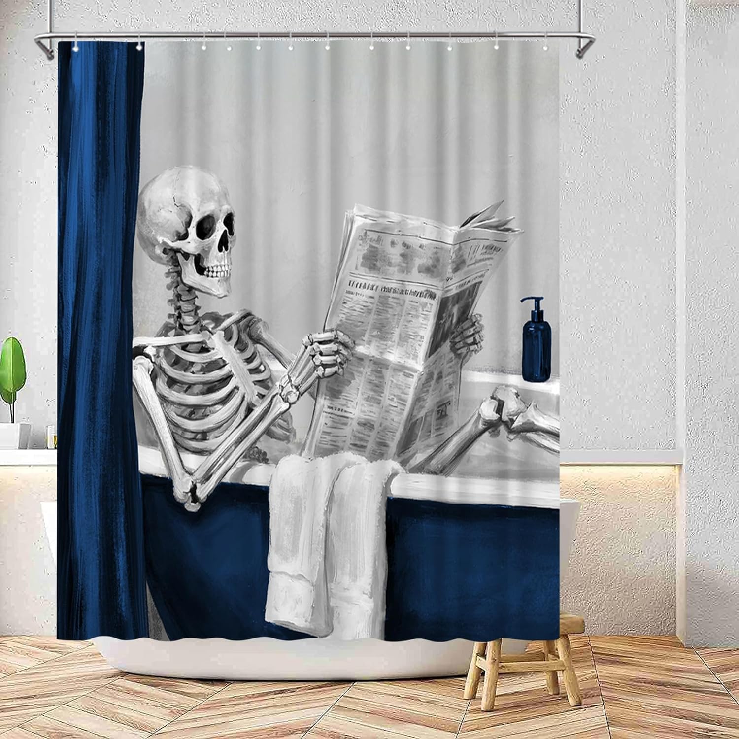 Funny Skeleton Shower Curtain Blue and White Humor Bath Curtain Funny Bathroom Decor Skull Theme Gray and Blue 72''x72'' (Navy)