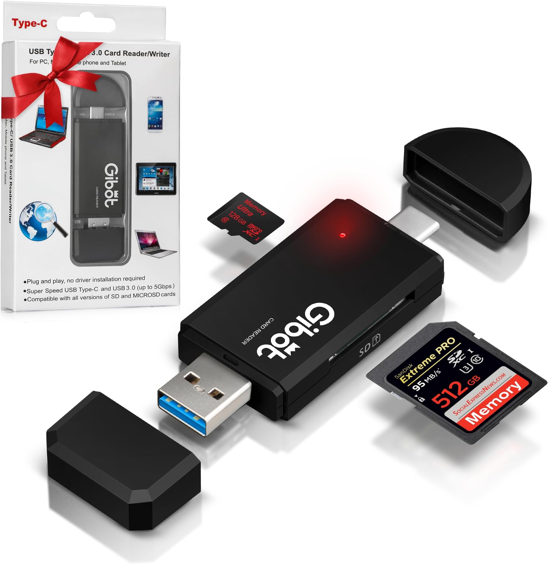 Gibot USB 3.0 Multi-Card Reader for SDXC/SDHC/SD/MMC/Micro SDXC/SD/SDHC, Compatible with Samsung, Android, Macbook, PC Laptop