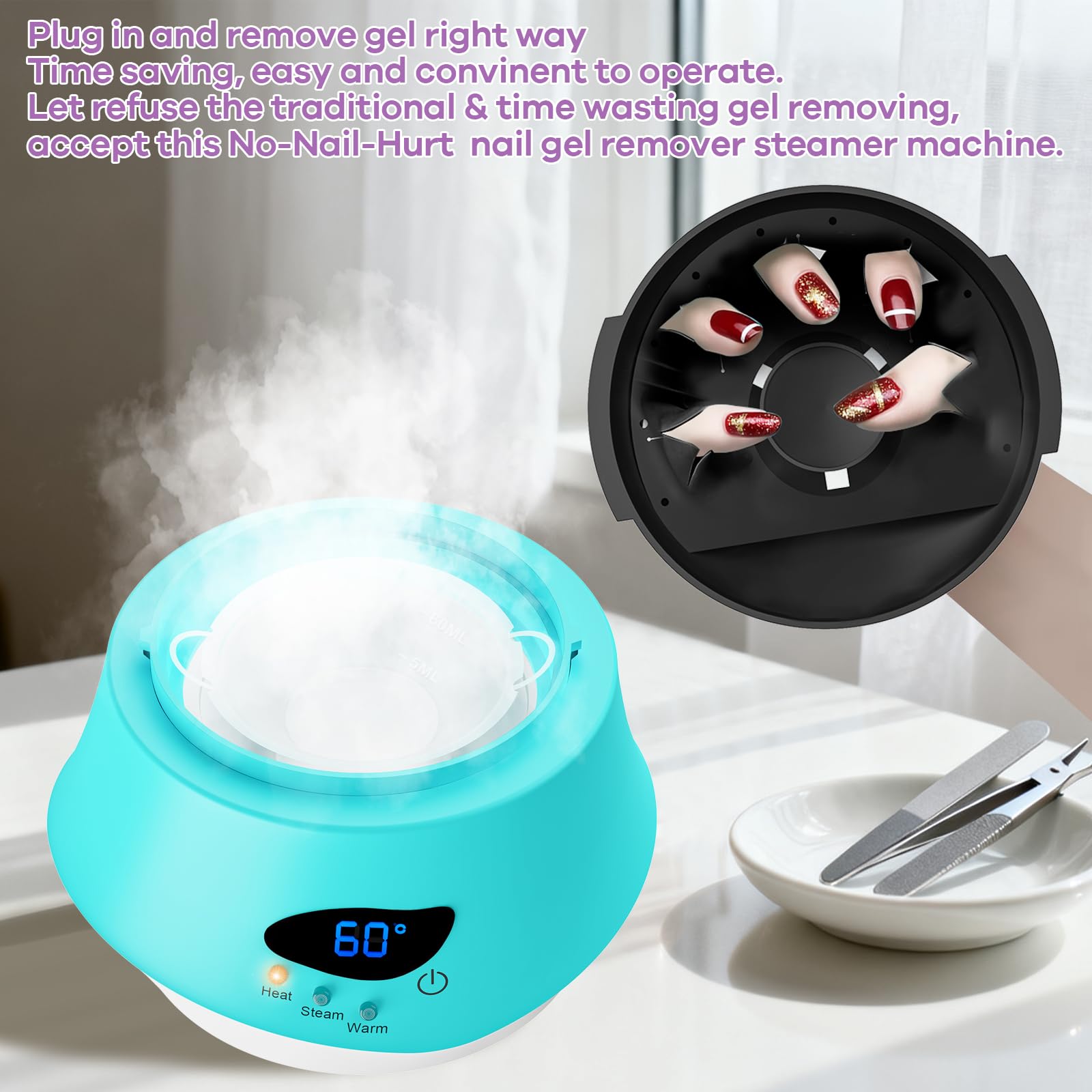 Macchina elettrica per la rimozione dello smalto gel, acetone, con tecnologia a vapore, 110 Watt, per rimuovere smalto e colla per unghie, con misurino