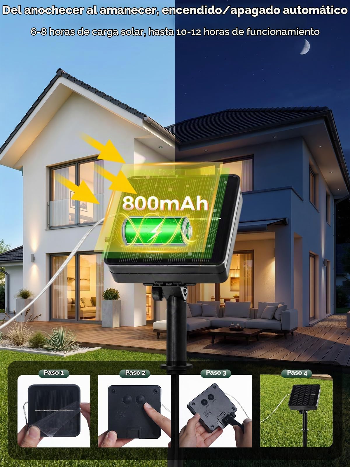 Cadena de luces solares extra largas, paquete de 2 luces para exteriores de 30m, impermeables, con energía solar, 300 luces LED para patio, jardines, patio, árbol, boda, Navidad