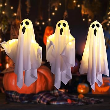 3Packs Halloween Light Up Hanging Ghost Halloween Ghost Decorations with LED Light Spooky Ghost Ornaments for Home Tree Garden Yard Party Decor and Holiday DecorationsWhite
