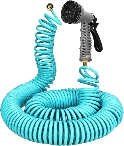 Manguera de jardín ligera en espiral de 75 pies y 38 pulgadas, EVA, flexible, con 7 boquillas de función y conectores de latón para plantas de riego