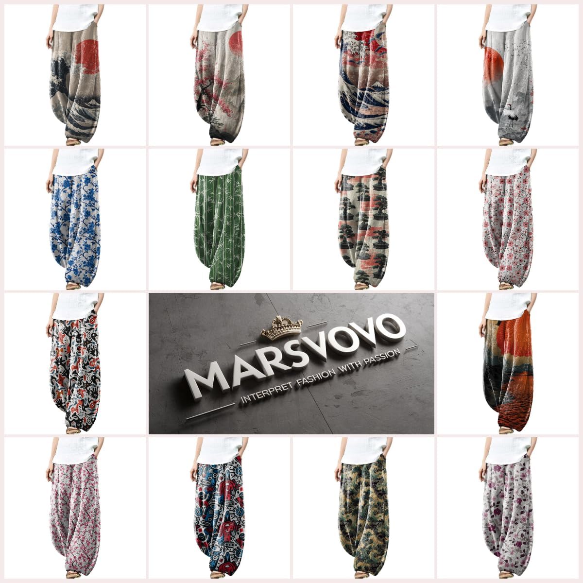 MARSVOVO Women's Palazzo Pants Dressy Casual Elastic Waist Hippie Pants Japanese Art Loose House Outdoor Pants Plus Size - Image 2