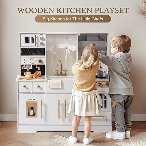 Miniatura 2 de ROBOTIME Juego de cocina de madera para niños, juego de cocina para niños pequeños con máquina de hielo y cafetera, juguete de cocina realista para