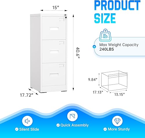 Miniatura 3 de Greenvelly Archivador D de 18 pulgadas, archivador de 3 cajones con cerradura, archivador vertical con bloqueo para oficina en casa, archivador de