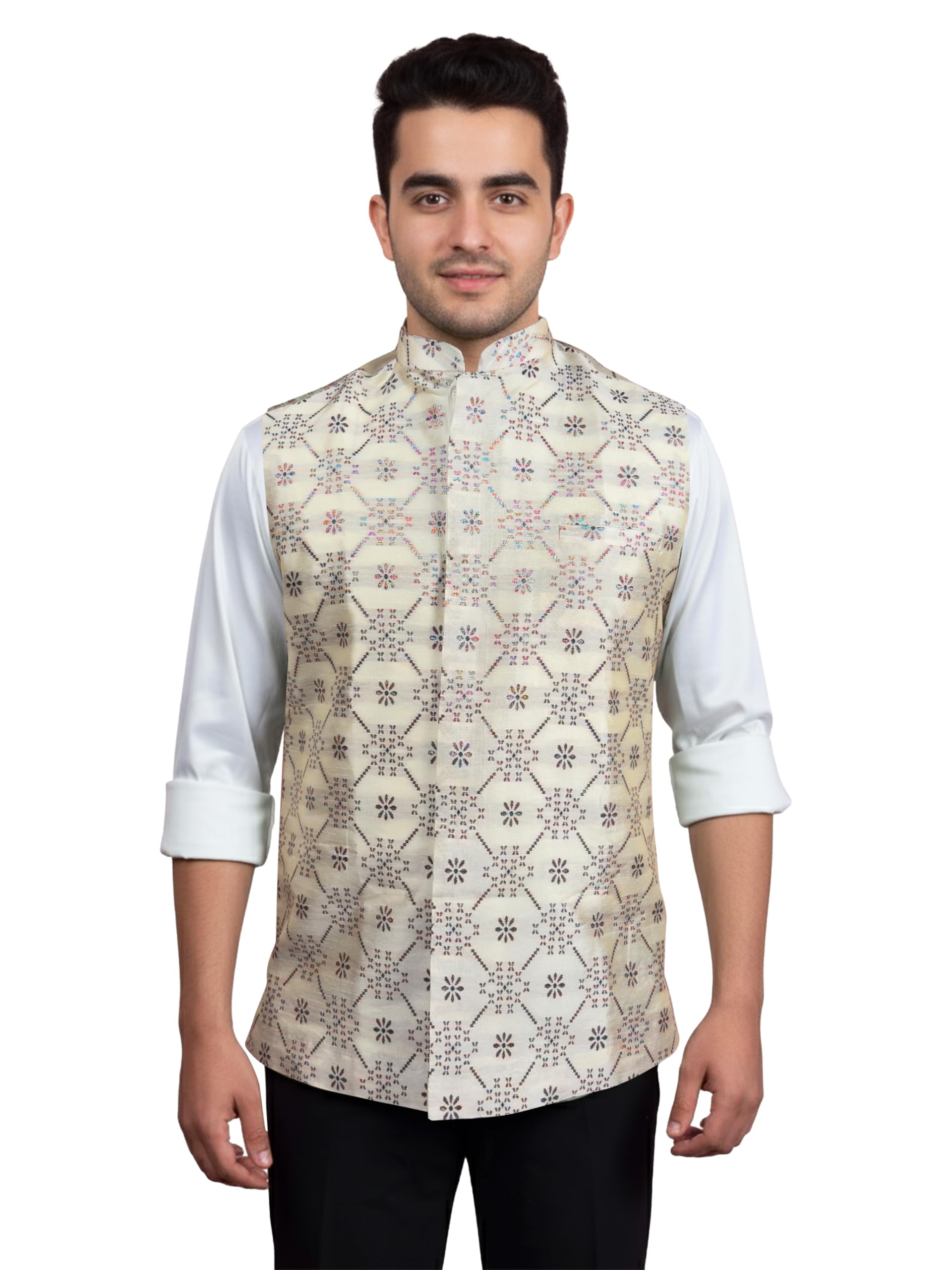 vastramay JBN Men's White Silk Blend Nehru Jacket-picture-48