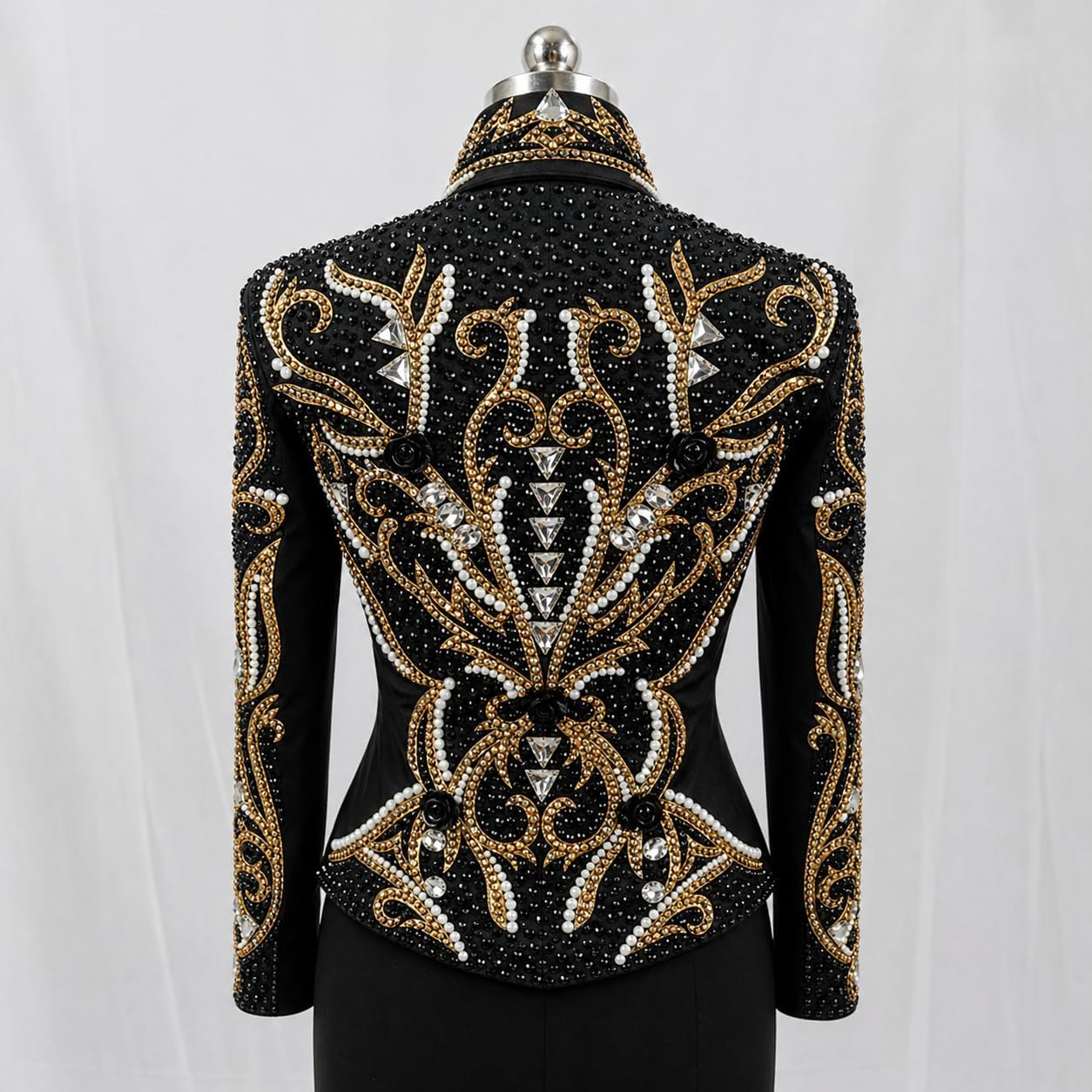 Women’s Western Showmanship Jacket Black – Luxury Crystal Equestrian Riding Coat with Gold Baroque Design