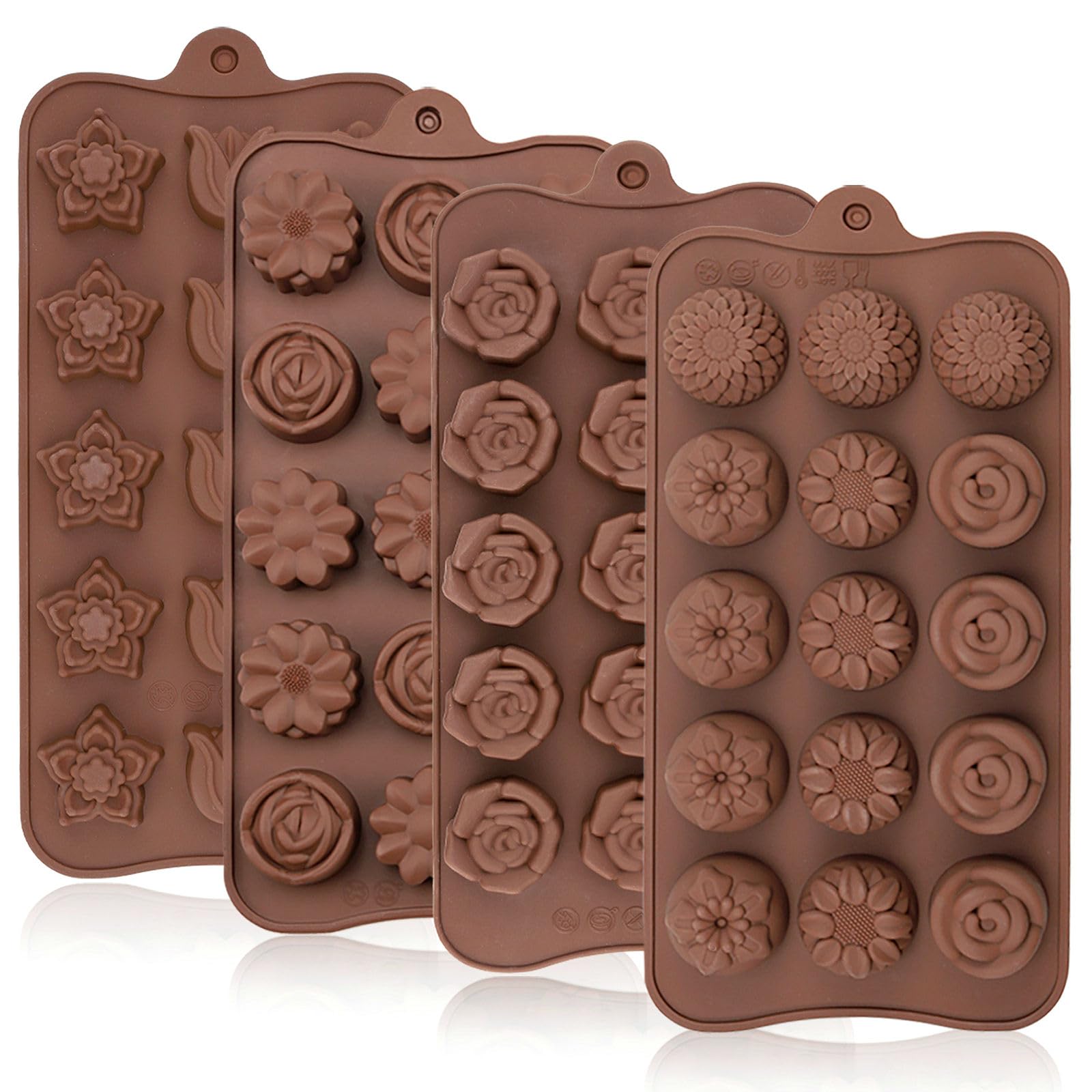 JOERSH 4PCS Silicone Chocolate Flower Molds for Candy, Fat Bombs Snacks, Truffles, 11 Floral Shapes 60 Cavities Candle Soap Wax Melts Mold (Rose, Sunflower, Tulip, Coreopsis)