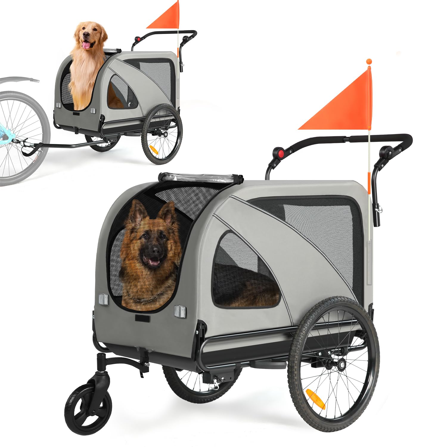 Remorque de vélo XXL 2 en 1 pour Chien - Remorque Pliable pour Chien avec Ouverture de Toit, réflecteurs et Bandes réfléchissantes, attelage de vélo Universel, poignée réglable en Hauteur