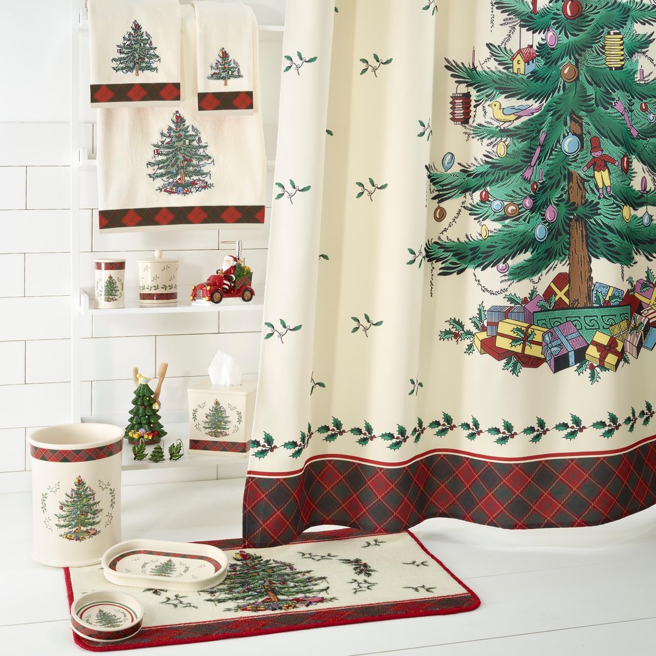 Spode - Shower Set, Fabric Shower Curtain & 12pc Curtain Hooks, Festive Home Decor (Christmas Tree Tartan Collection)
