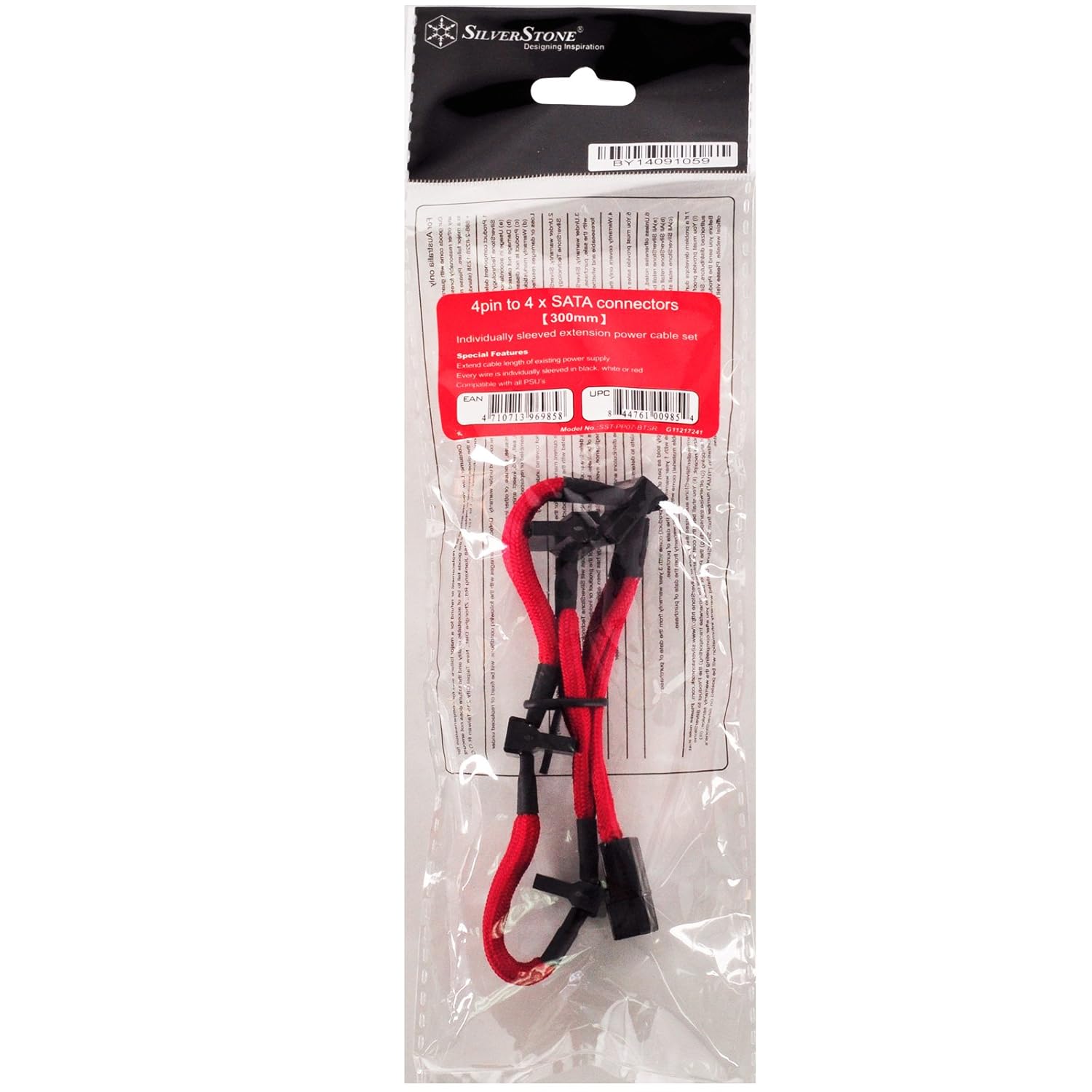 SilverStone SST-PP07-BTSR - 30cm Molex to 4X SATA Sleeved Extention Cable, red