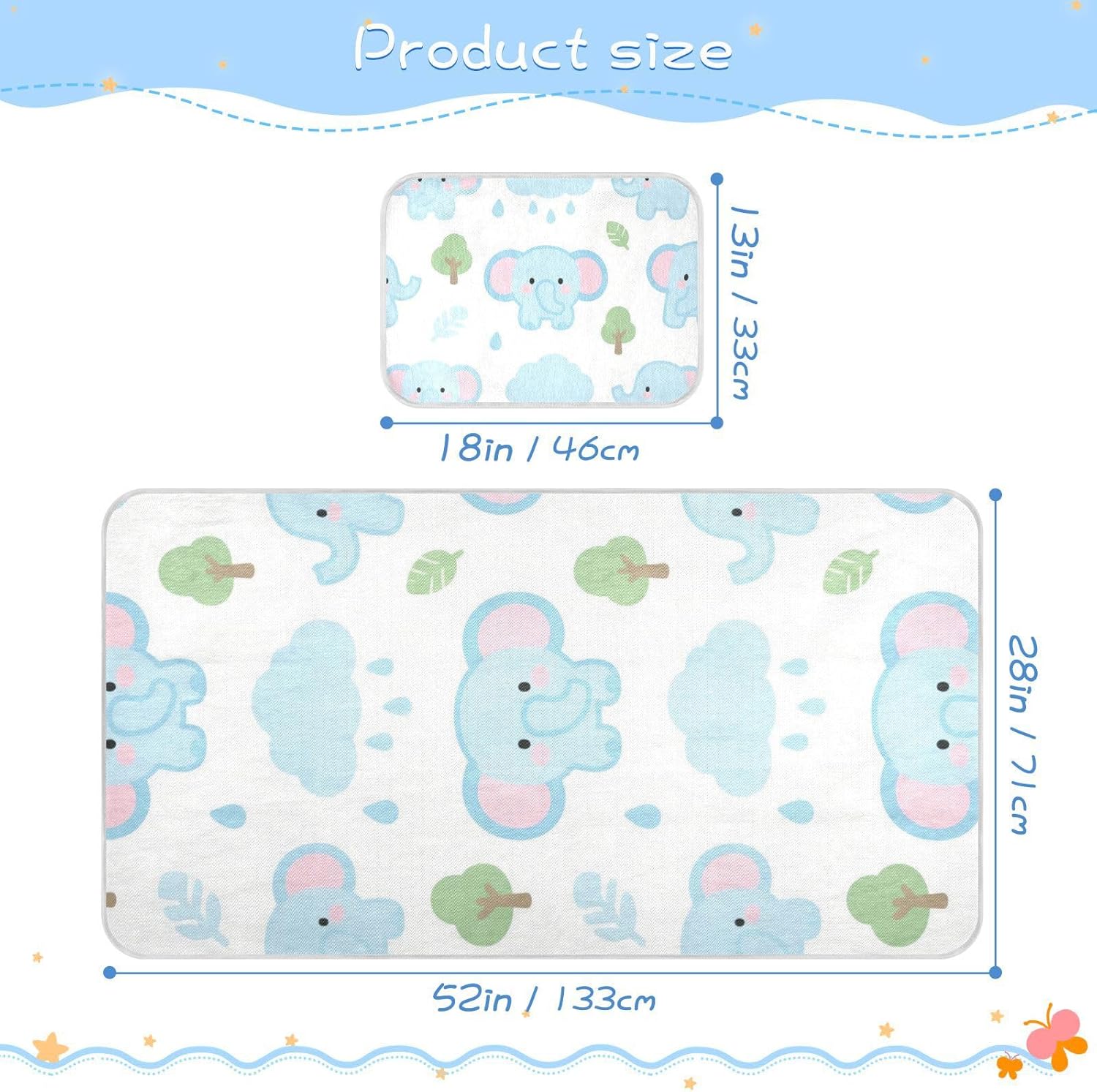 Cute Cartoon Blue Elephant Cooling Baby Mattress Protector Pads 28" x 52" Ultra Soft Mattress Protector Pads for Baby&Toddler