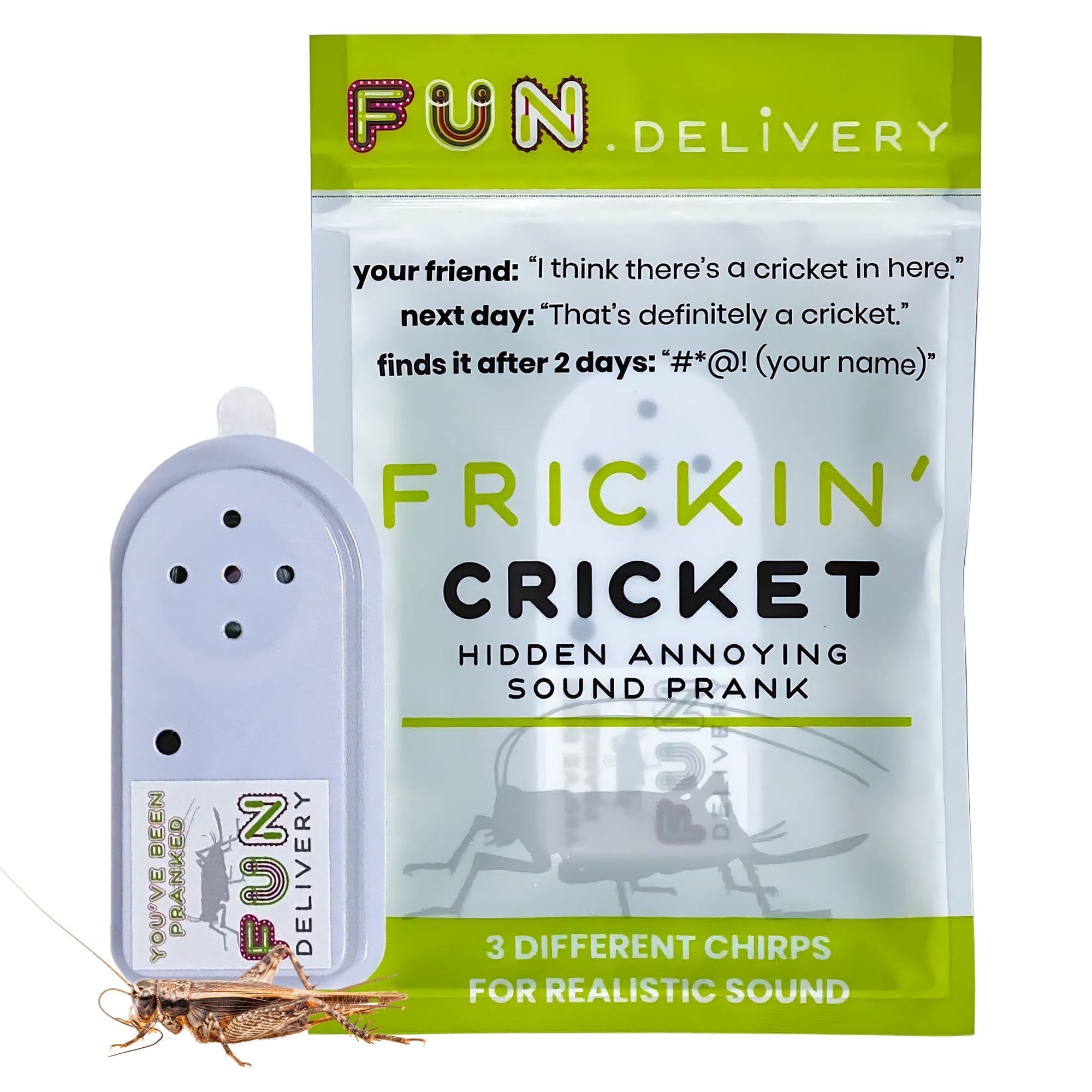 FUN delivery Frickin’ Cricket – Hidden Chirping Sound Prank Device for Adults, Offices, Parties – Realistic Annoying Noise Maker Gag Toy with Irregular Sounds