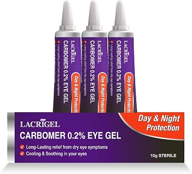 3X Lacrigel CARBOMER 0.2% - Eye Gel for Dry, Tired, and Red Eyes - Soothes Irritation, Reduces Soreness - 24x7 Day and Night Protection - Safe and Premium Formulation - Sterile Pack of 10g Pack 3