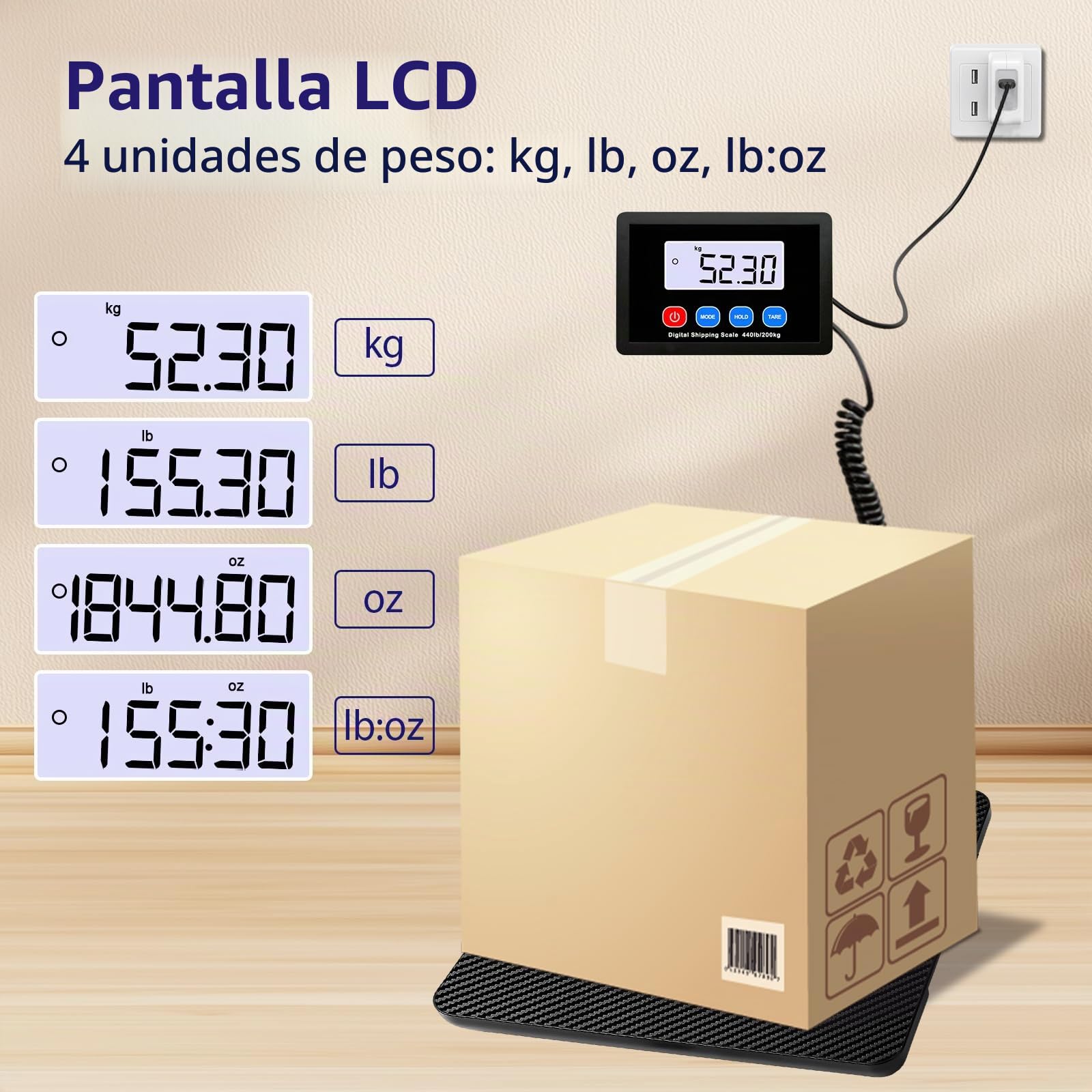 Báscula de Paquete 200KG, Báscula cocina industrial con función LCD/Hold/Tara, Balanza Postal Digital para Paquetes/Almacenes/Equipaje, pilas y alimentación USB