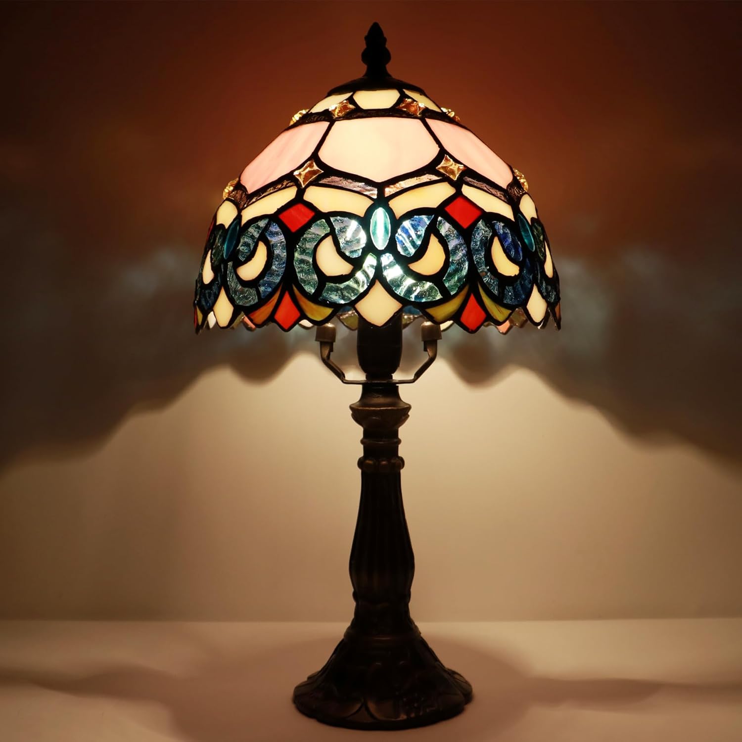 Small Tiffany Lamp Mini Accent Table Lamp Stained Glass Desk Memory Lamp Sympathy 8X14.5 Inch (Pink Baroque Style)