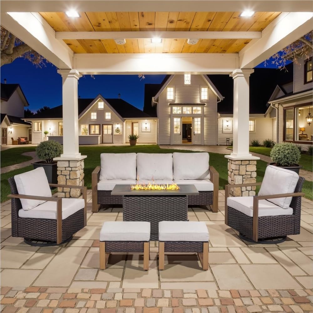 6 Piece Outdoor Patio Furniture Set with Propane Fire Pit Table Wicker Patio Conversation Sets with 2 Swivel Rocker Chairs Rattan Sofa and Removable for Deck Backyard(Blue)