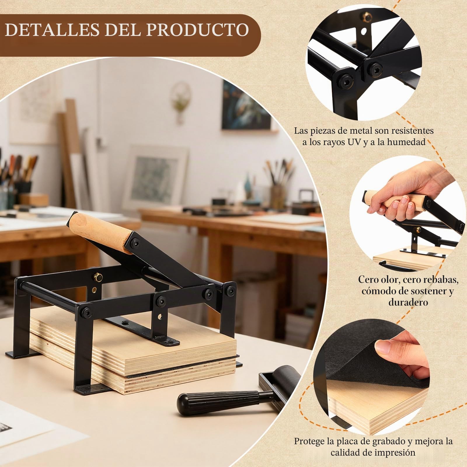Máquina de prensa de palanca de mano Linocut con rodillos y almohadillas de fieltro para cortes de lino, impresión de corte, bloques de linóleo, kit de herramientas de impresión para máquina
