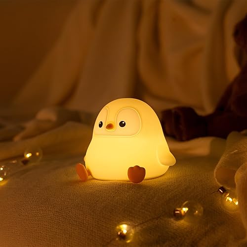 Miniatura 7 de Luz nocturna de pingüino para niños, bonita lámpara de pingüino de silicona para habitación del bebé, lámpara de noche regulable y blanda al tacto,
