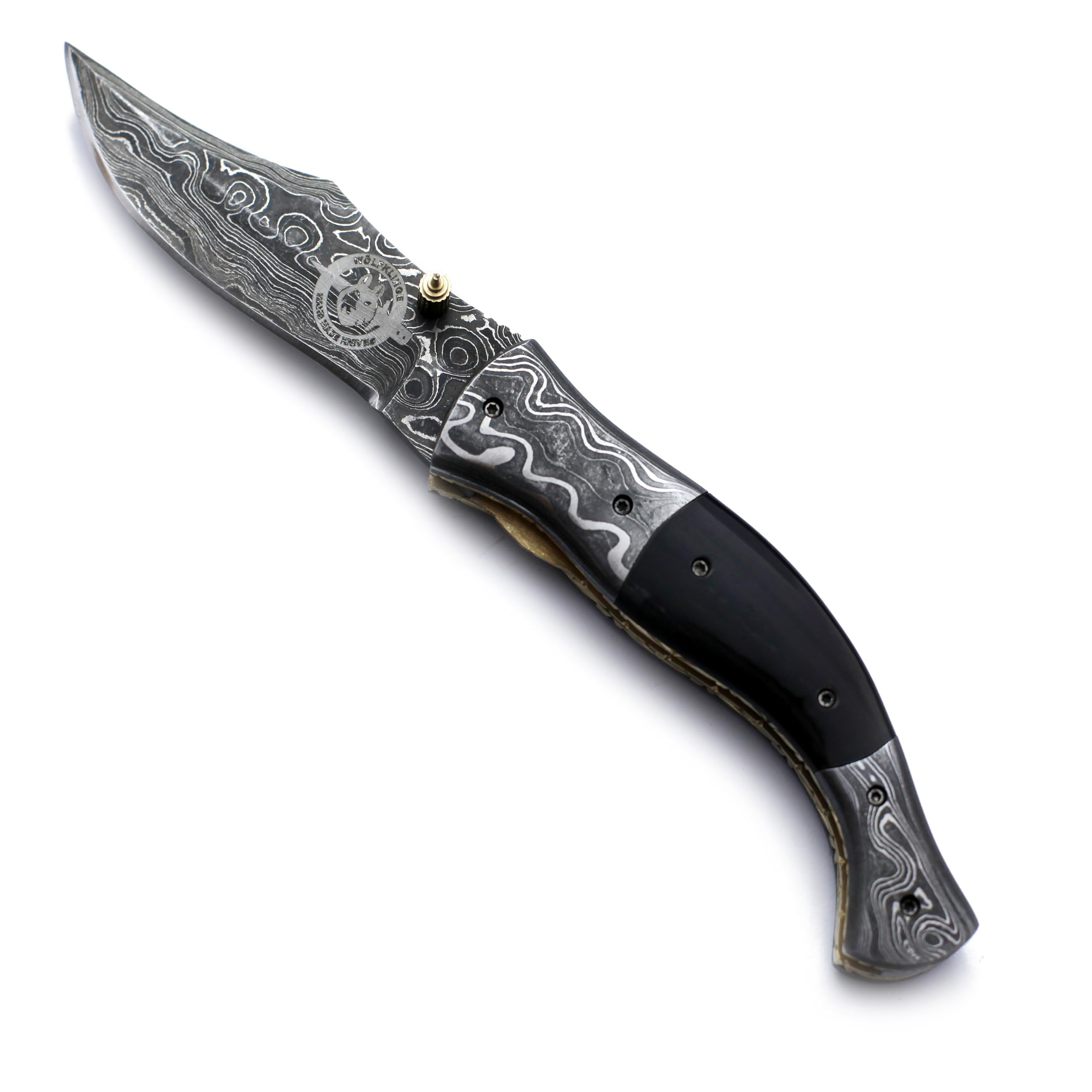 WÖLFKLINGE Damascus Handmade Folding Pocket Knife – The Ultimate EDC for Hunting, Survival, Camping, and Fishing with Full Tang Micarta Handle and Luxurious Cowhide Leather Sheath-WFD-2547