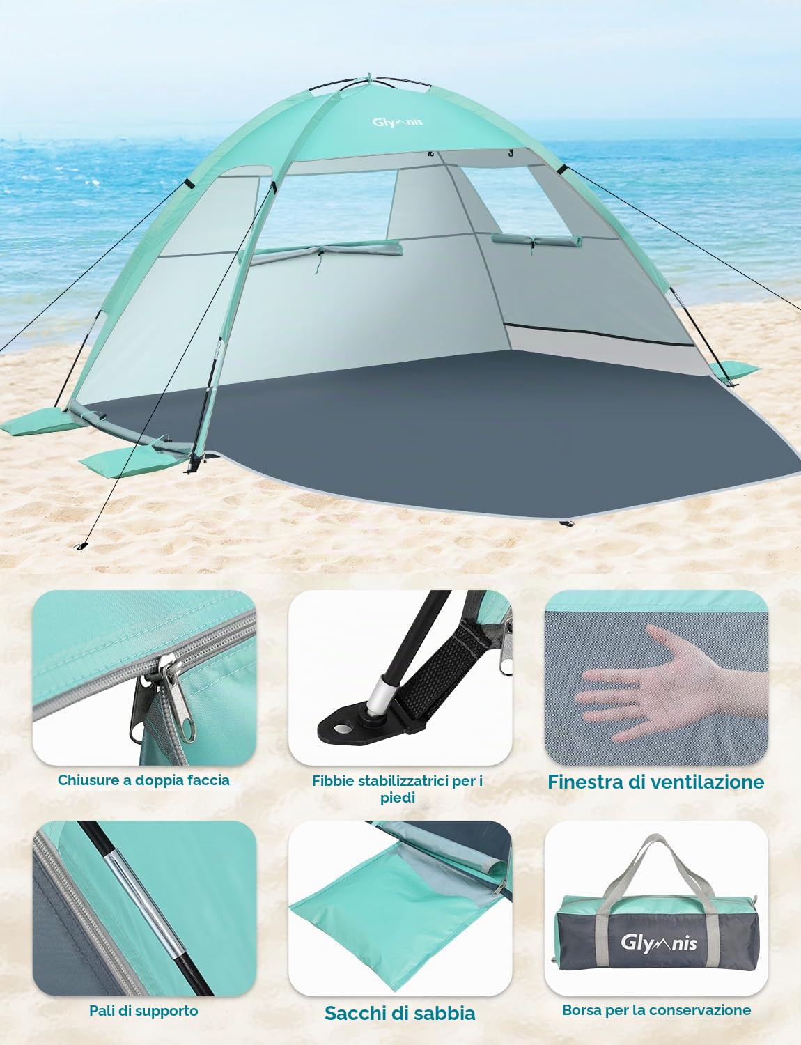 Glymnis Tenda da Spiaggia Portatile con Cerniera, UPF 50+, 2-4 Persone