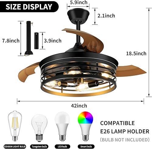 Vista 15 de Ventiladores de techo retráctiles de 42 pulgadas con luces con control remoto, ventiladores de techo industriales enjaulados, ventilador de techo