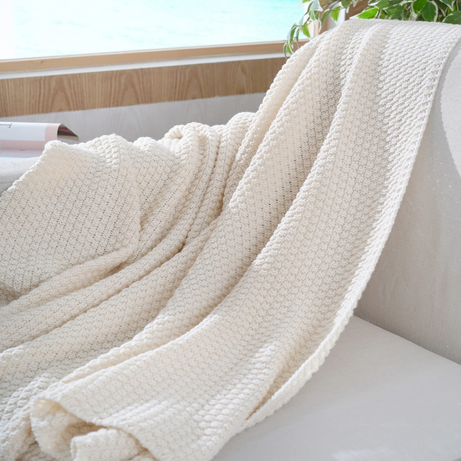 Dzianinowy koc narzutowy, jednolity kolor, koc na przerwę na lunch, super miękki ciepły dzianinowy koc do drzemki lub oglądania telewizji na krześle (beżowo-żółty, 110 cm x 240 cm)