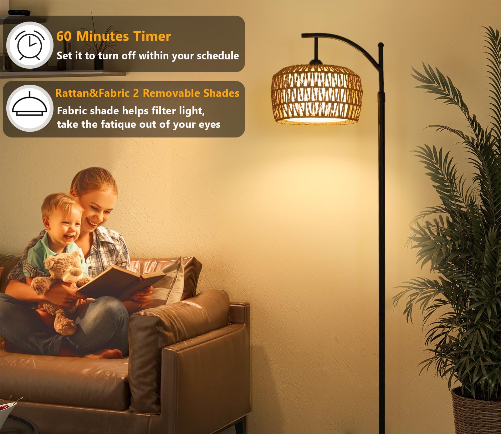 Rayofly - Lámpara de pie de ratán, con intensidad variable con control remoto, control de aplicaciones, lámpara de pie Boho con pantalla de ratán y bombilla, color negro