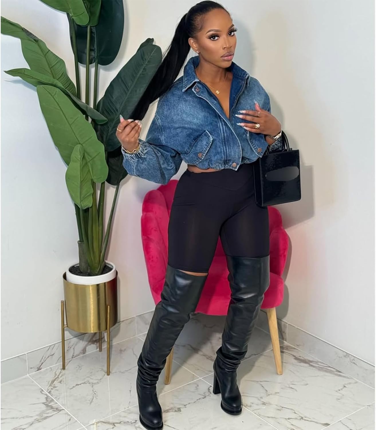 Molilove Cropped Jean Jackets for Women Long Sleeve Lapel Neck Zipper Up Varsity Jackets Denim Bomber Coats with Pockets - Image 2