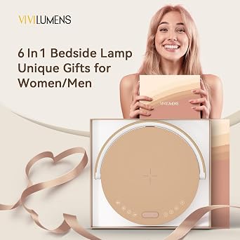 Vivilumens Birthday Gifts for Women 6 in 1 Bedside Lamps with Wireless Charger Bluetooth Speaker White Noise Machine Music Table Lamp Night Light Personalized Gift for Mom Teens Girls(Sound Upgrade