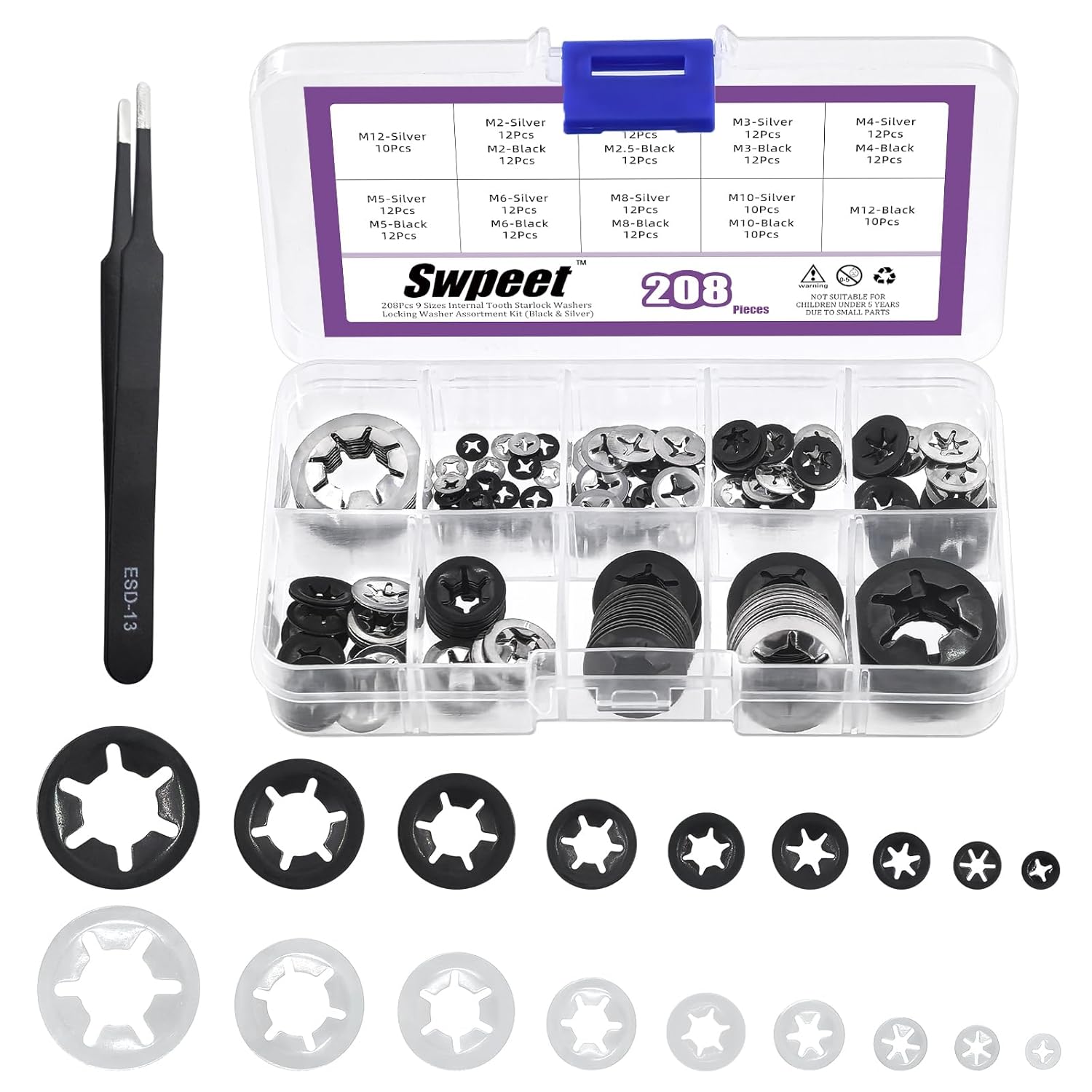 Swpeet 210Pcs 9 Sizes 304 Stainless Steel Internal Tooth Lock Washers with Tweezers Kit, M2 M2.5 M3 M4 M5 M6 M8 M10 M12 Spring Push On Locking Nuts Speed Clips Retaining Clips Tooth Lock Washers