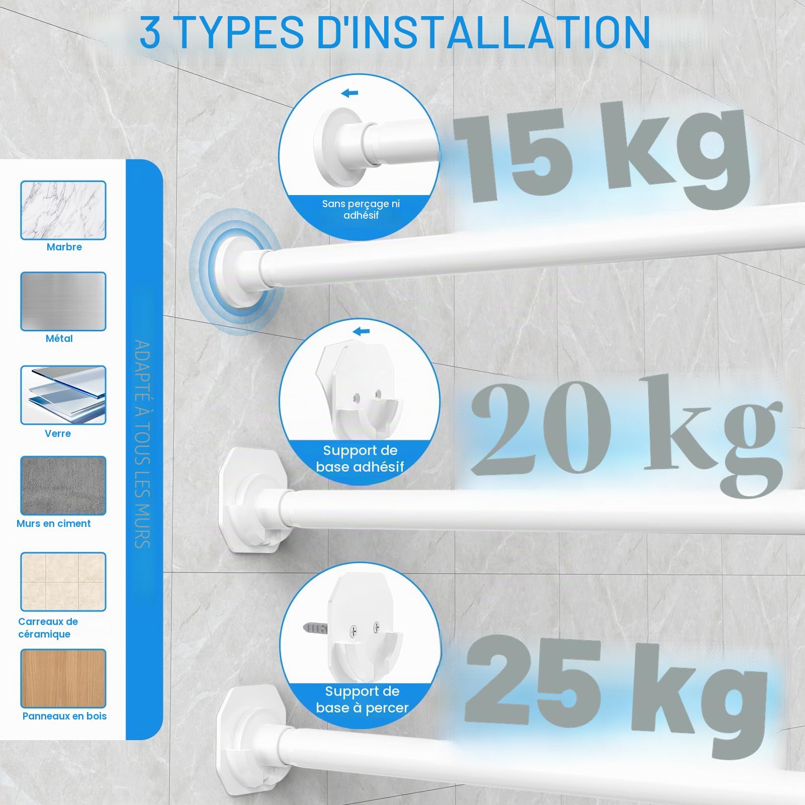 Tringle à rideau extensible de 98 à 330 cm, sans perçage, 32 mm, avec 2 bases murales, tringle télescopique en métal pour salle de bain et fenêtre - Blanc