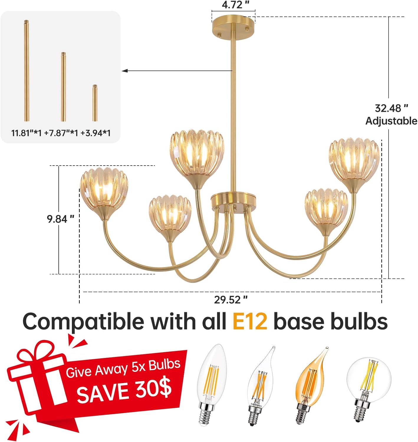 30.31" Brass Gold Chandelier, 5-Light Chandelier Light with Amber Tulip Glass Lampshade, Height Adjustable Vintage Chandeliers for Dining Room Living Room Kitchen Island