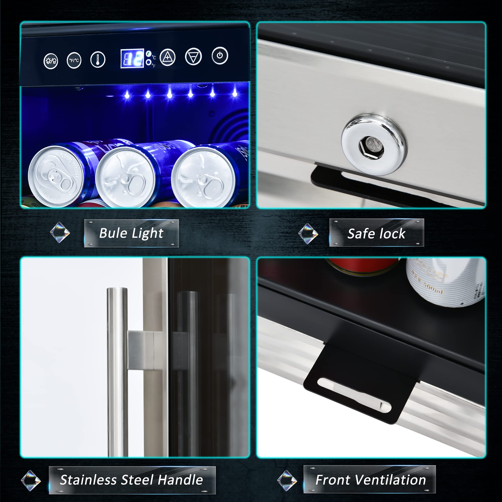 TOUPUWAN Beverage Cooler Refrigerator, 15-Inch Mini Fridge Can be Built-in and Freestanding, 120 Cans Capacity with Smart Temperature Memory. For Soda, Beer, For Kitchen Etc. with Blue Interior Light