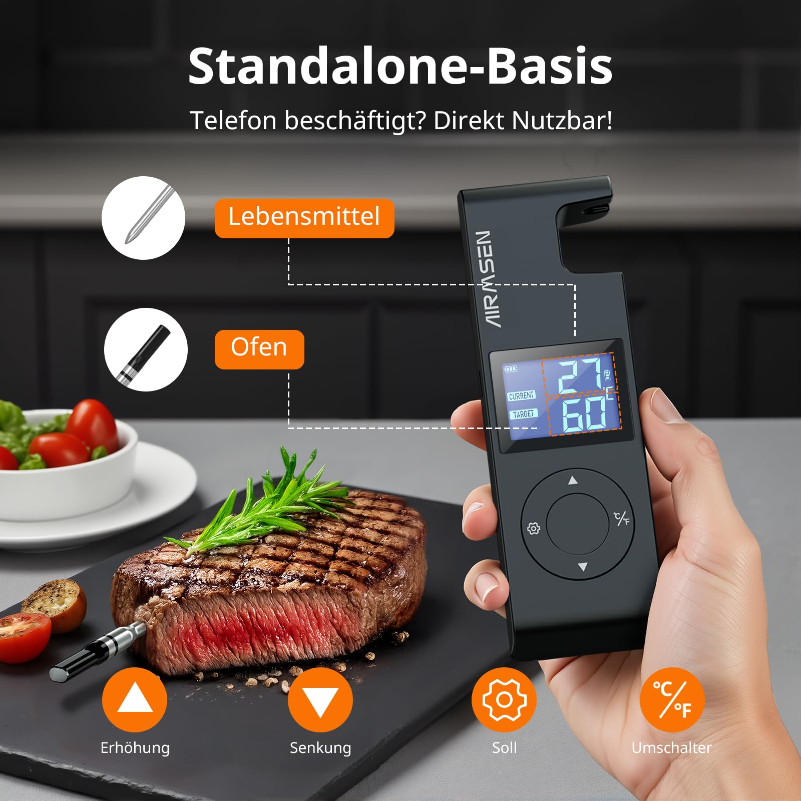 AIRMSEN Kabelloses Fleischthermometer Grillthermometer Bluetooth mit Hitzebeständigem Keramikgriff & LCD-Display 150m Fernüberwachung, Bluetooth 5.4 Smart-App-Steuerung für Räuchern BBQ - 1000mAh Akku