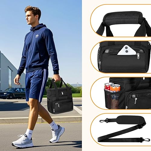 Miniatura 3 de Lonchera aislada para hombres y mujeres, bolsa de almuerzo de doble capa a prueba de fugas con correa ajustable para el hombro, enfriador de