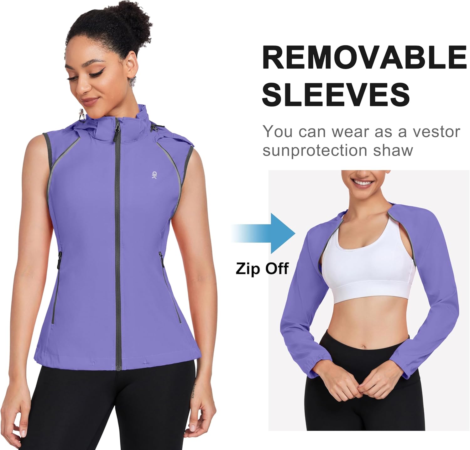 Little Donkey Andy Women's Lightweight Waterproof Cycling Jacket with Removable Sleeves & Hood for Biking Running Golf