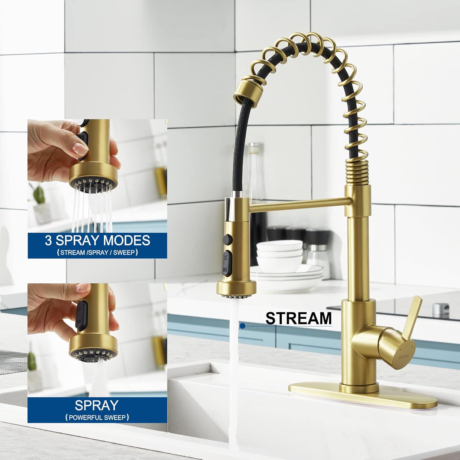 Gold Kitchen Faucet with Pull Down Sprayer, Single Handle Brushed Gold Faucet for Kitchen Sink, Commercial Farmhouse Kitchen Faucet with Deck Plate