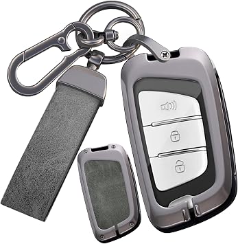 Metal Key Fob Cover Case Compatible with JAC JIAYUE J7 A5 X4 X7 X8 IC5 IEV7S T50 S2 S3 T8 Refine S4 S5 S7 M6 E20x E40x E10X Key Ring Leather Waterproof Vehicle Smart Key Protector Gray