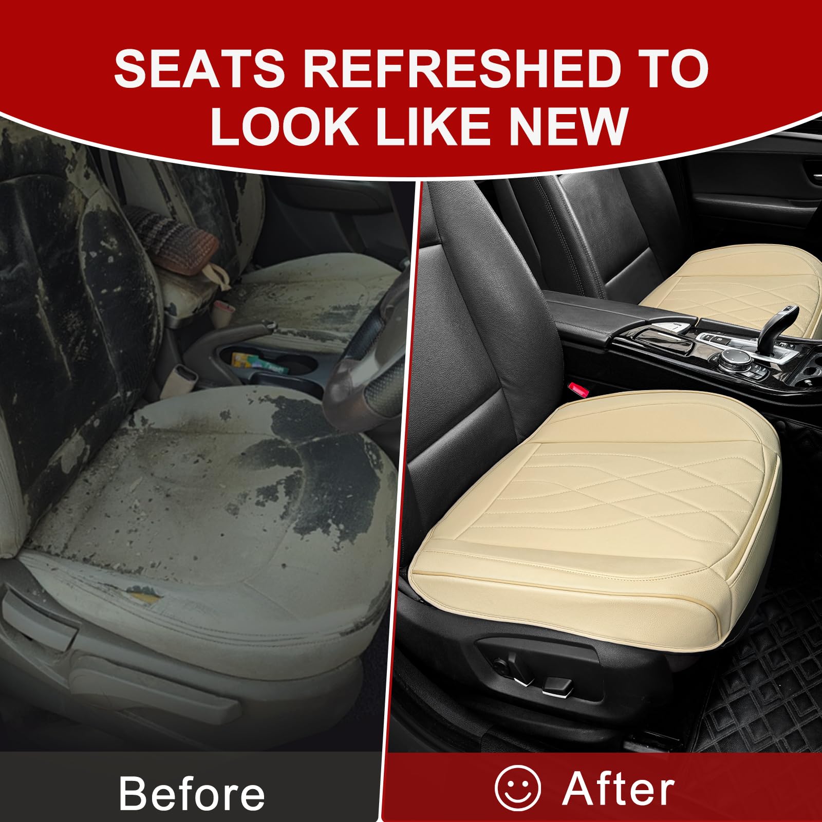 Sanwom 2 Pack Leather Front Car Seat Cover, Anti-Slip and Full Wrap Driver Car Seat Protectors with Storage Pocket, Luxury Waterproof Bottom Auto Seat Cushion Pad Mat for Most Vehicles (Beige)