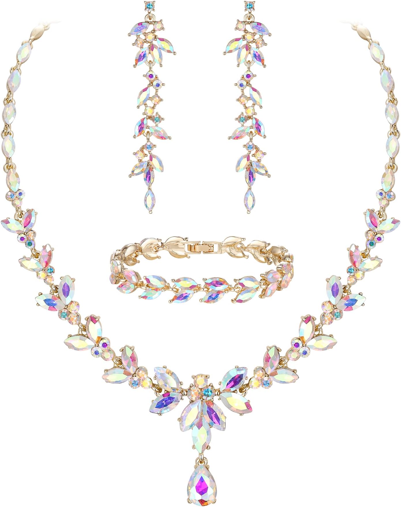 EVER FAITHAustrian Crystal Bridal Bridesmaid Jewelry Sets, Elegant Marquise Rhinestone Leaf Necklace Dangle Earrings Tennis Bracelet Set for Women