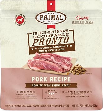 Primal Freeze Dried Dog Food, Pronto Mini Nuggets, Pork; Scoop & Serve, Complete & Balanced Meal; Also Use As Topper or Treat; Premium, Healthy, Grain Free, High Protein Raw Dog Food 25 oz