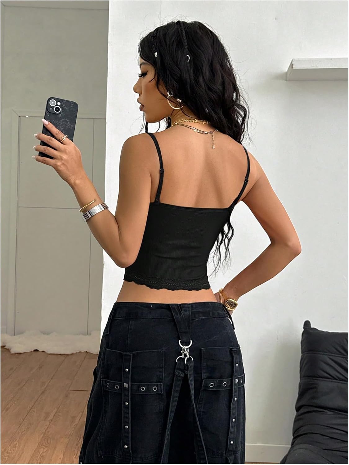 SweatyRocks Sleeveless Camisole Tank Crop Tops for Women Y2K Spaghetti Strap Lace Trim Slim Fit Basic Cami Shirts - Image 3