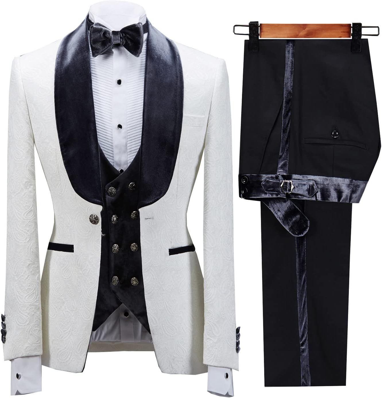 Men Suit 3 Pieces Jacquard Floral Shawl Collar Paisley Tuxedo Solid Mens Wedding Prom Suit