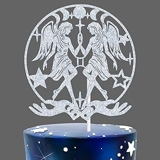 Gemini Cake Topper, Happy Birthday Gemini/Gemini Season, Big Gemini Energy, 12 Zodiac Constellation Theme Birthday Party Decoration Supplies, Silver Glitter