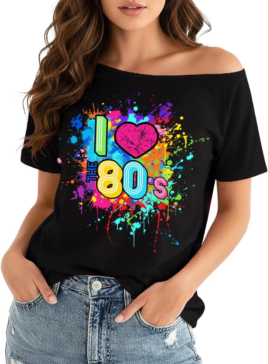 80s Outfit for Women 80's Theme Party Shirt Sexy Off The Shoulder 90S Tshirts Vintage 90s Disco Off Shoulder Tops