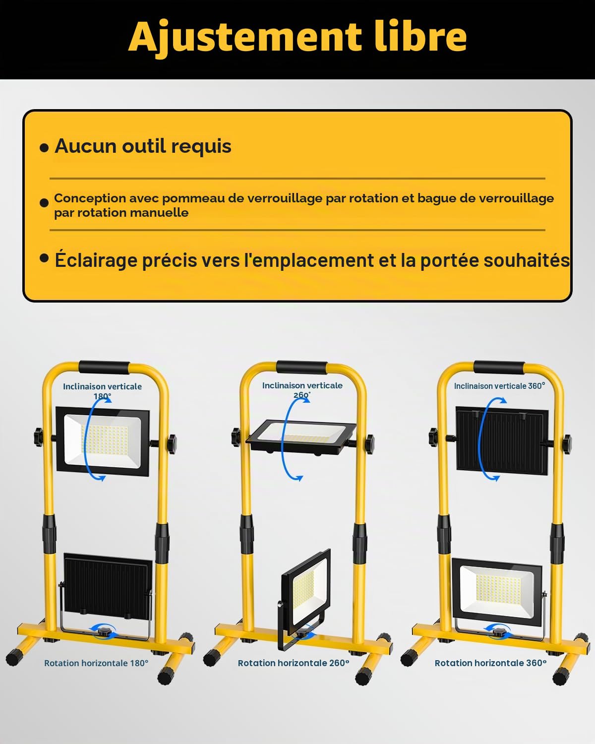Projecteur LED Chantier 200W, Lampe Chantier LED 10000LM avec Stand Télescopique en Métal, Projecteur Chantier LED Portable Etanche IP66 6500K Blanc Froid pour Atelier, Garage, Construction