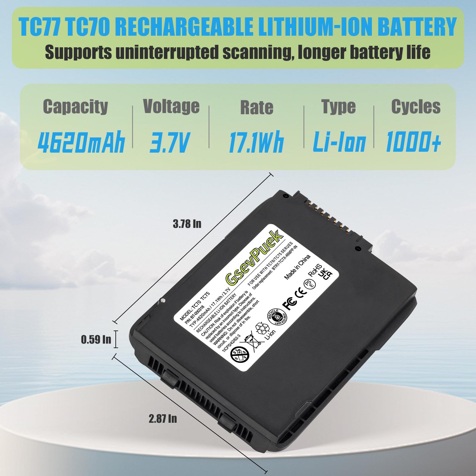 4620mAh TC77 battery,Replacement battery for zebra Scanner TC77 TC70 TC72 TC75 TC70x TC77HL TC720L TC700H TC75X Part No BT-000318 82-171249-01 BTRY-TC70X-46MA1-01.lithium ion-Reliable and durable.