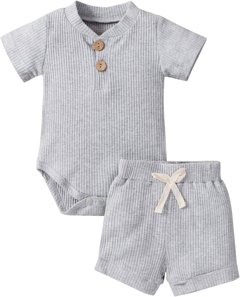 Newborn Baby Boy Girl Clothes 3 6 9 12 18 Months Ribbed Knit Short Sleeve Romper Shorts Set Infant Summer Outfits